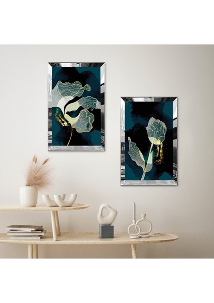 Gümüş Aynalı Pleksi Çerçeveli Yeşil Arka Planlı Dekoratif Gül Ikili Mdf Tablo Seti fiyatları