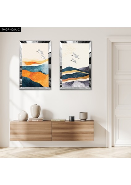 Gümüş Aynalı Pleksi Çerçeveli Dağın Üstünde Uçan Kuşlar Dekoratif Ikili Mdf Tablo Seti