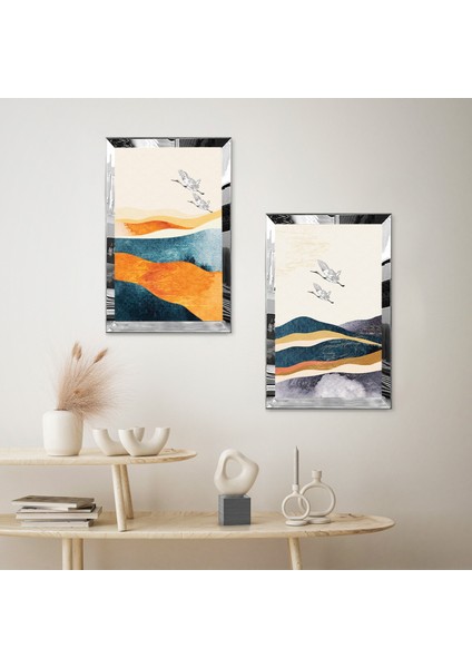Gümüş Aynalı Pleksi Çerçeveli Dağın Üstünde Uçan Kuşlar Dekoratif Ikili Mdf Tablo Seti fiyatları