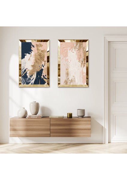 Gold Aynalı Pleksi Çerçeveli Modern Renkli Arka Planlı Ikili Mdf Tablo Seti