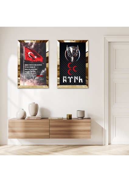 Gold Aynalı Pleksi Çerçeveli Türk Bayrağı Modern Ikili Mdf Tablo Seti