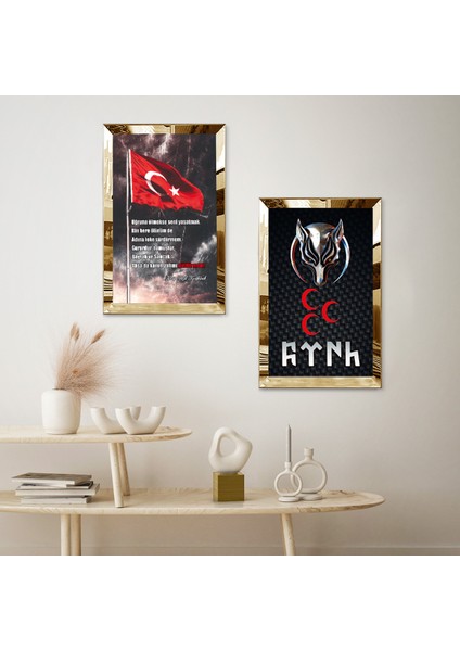 Gold Aynalı Pleksi Çerçeveli Türk Bayrağı Modern Ikili Mdf Tablo Seti fiyatları