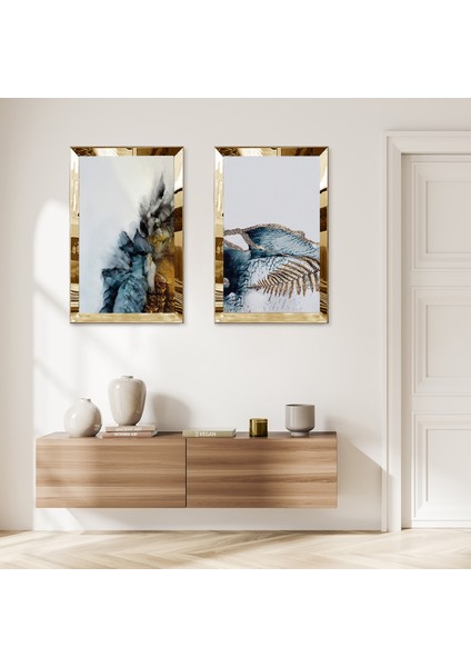 Gold Aynalı Pleksi Çerçeveli Mavi Tonları Soyut Desenler Dekoratif Ikili Mdf Tablo Seti