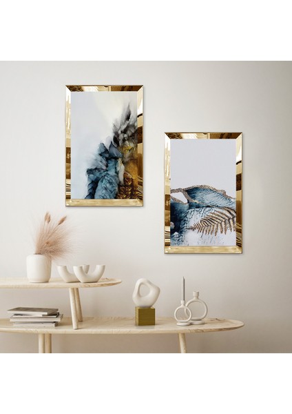 Gold Aynalı Pleksi Çerçeveli Mavi Tonları Soyut Desenler Dekoratif Ikili Mdf Tablo Seti fiyatları