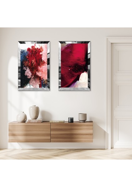 Gümüş Aynalı Pleksi Çerçeveli Soyut Kırmızı Desenler Ikili Mdf Tablo Seti