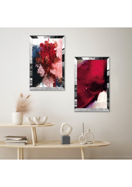 Gümüş Aynalı Pleksi Çerçeveli Soyut Kırmızı Desenler Ikili Mdf Tablo Seti fiyatları