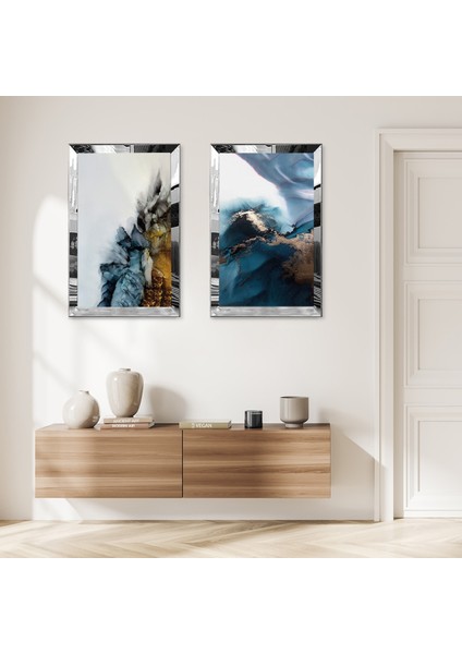 Gümüş Aynalı Pleksi Çerçeveli Mavi Tonları Soyut Desenler Modern Ikili Mdf Tablo Seti