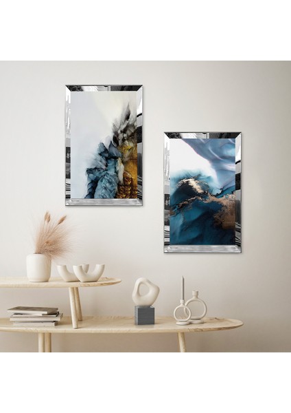 Gümüş Aynalı Pleksi Çerçeveli Mavi Tonları Soyut Desenler Modern Ikili Mdf Tablo Seti fiyatları