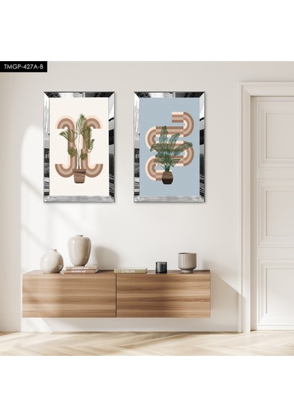 Gümüş Aynalı Pleksi Çerçeveli Beyaz Mavi Arka Planlı Dekoratif Soyut Bitki Ikili Mdf Tablo Seti