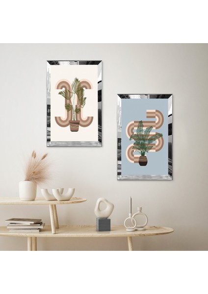 Gümüş Aynalı Pleksi Çerçeveli Beyaz Mavi Arka Planlı Dekoratif Soyut Bitki Ikili Mdf Tablo Seti fiyatları