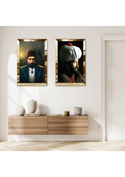 Gold Aynalı Pleksi Çerçeveli Fatih Sultan Mehmet ve Padişah Abdülhamid Ikili Mdf Tablo Seti