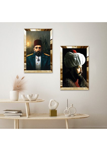 Gold Aynalı Pleksi Çerçeveli Fatih Sultan Mehmet ve Padişah Abdülhamid Ikili Mdf Tablo Seti fiyatları
