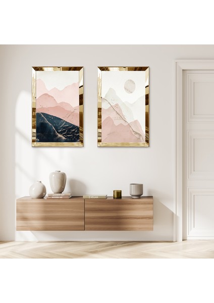 Gold Aynalı Pleksi Çerçeveli Beyaz Arka Planlı Modern Dağ Mazaralı Ikili Mdf Tablo Seti