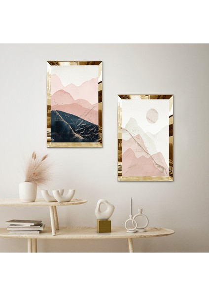 Gold Aynalı Pleksi Çerçeveli Beyaz Arka Planlı Modern Dağ Mazaralı Ikili Mdf Tablo Seti fiyatları