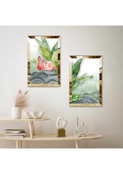 Gold Aynalı Pleksi Çerçeveli Dekoratif Yeşil Bitkiler Ikili Mdf Tablo Seti fiyatları