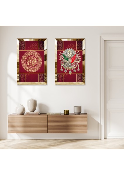 Gold Aynalı Pleksi Çerçeveli Kırmızı Arka Planlı Osmanlı Tuğrası Ikili Mdf Tablo Seti