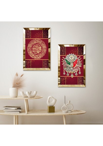 Gold Aynalı Pleksi Çerçeveli Kırmızı Arka Planlı Osmanlı Tuğrası Ikili Mdf Tablo Seti fiyatları
