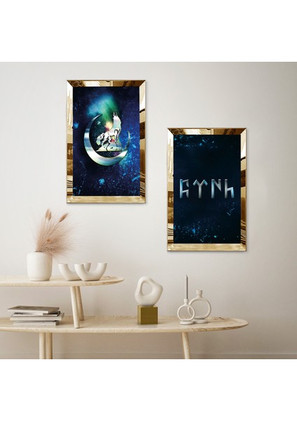 Gold Aynalı Pleksi Çerçeveli Mavi Arka Planlı Göktürk Yazıları ve Bzokurt Ikili Mdf Tablo Seti fiyatları