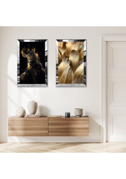 Gümüş Aynalı Pleksi Çerçeveli Siyah Beyaz Arka Planlı Modern Gold Şekiller Ikili Mdf Tablo Seti