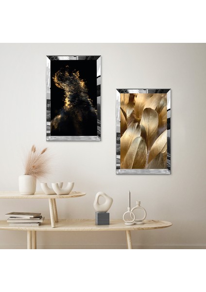 Gümüş Aynalı Pleksi Çerçeveli Siyah Beyaz Arka Planlı Modern Gold Şekiller Ikili Mdf Tablo Seti fiyatları