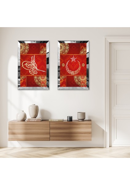 Gümüş Aynalı Pleksi Çerçeveli Ay Yıldız ve Osmanlı Tuğrası Dekoratif Ikili Mdf Tablo Seti