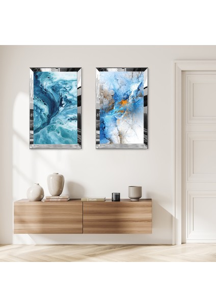 Gümüş Aynalı Pleksi Çerçeveli Mavi Dalgalar Dekoratif Ikili Mdf Tablo Seti