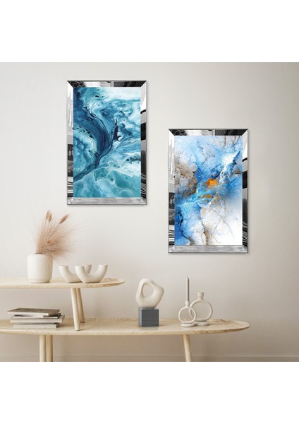 Gümüş Aynalı Pleksi Çerçeveli Mavi Dalgalar Dekoratif Ikili Mdf Tablo Seti fiyatları