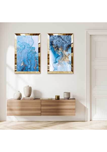 Gold Aynalı Pleksi Çerçeveli Mavi Üzeri Altın Püskürtmeli Ikili Mdf Tablo Seti