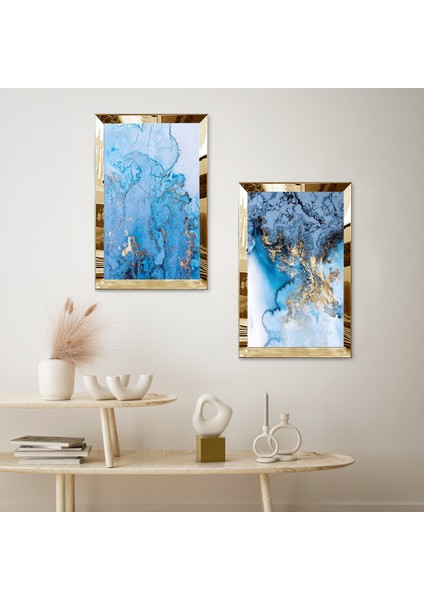 Gold Aynalı Pleksi Çerçeveli Mavi Üzeri Altın Püskürtmeli Ikili Mdf Tablo Seti fiyatları