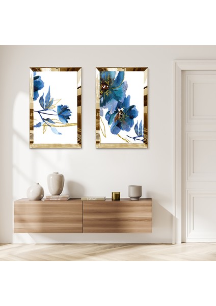 Gold Aynalı Pleksi Çerçeveli Beyaz Arka Planlı Mavi Yoğun Çiçekler Ikili Mdf Tablo Seti