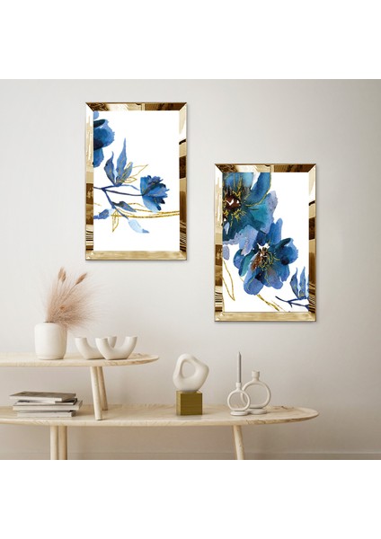 Gold Aynalı Pleksi Çerçeveli Beyaz Arka Planlı Mavi Yoğun Çiçekler Ikili Mdf Tablo Seti fiyatları