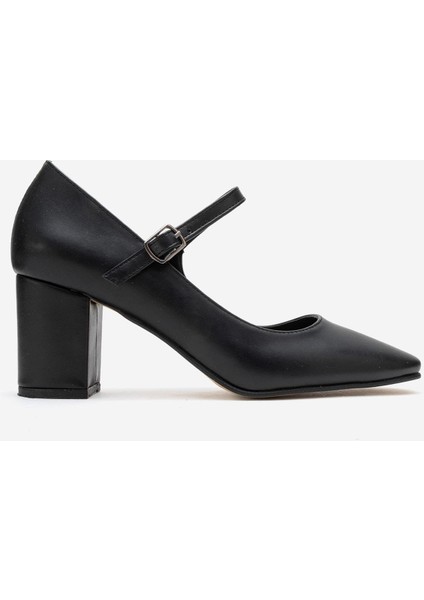 Kadın Küt Burunlu Biyeli Topuklu Ayakkabı; Siyah Cilt fiyatları
