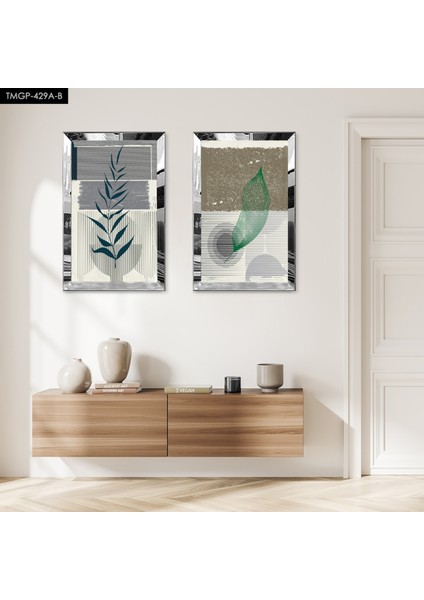 Gümüş Aynalı Pleksi Çerçeveli Renkli Arka Planlı Dekoratif Bitki Ikili Mdf Tablo Seti