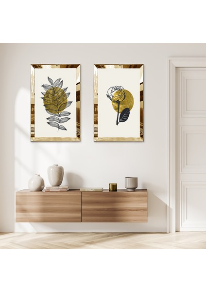 Gold Aynalı Pleksi Çerçeveli Beyaz Arka Planlı Soyut Bitki Ikili Mdf Tablo Seti