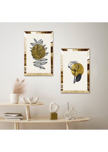 Gold Aynalı Pleksi Çerçeveli Beyaz Arka Planlı Soyut Bitki Ikili Mdf Tablo Seti fiyatları