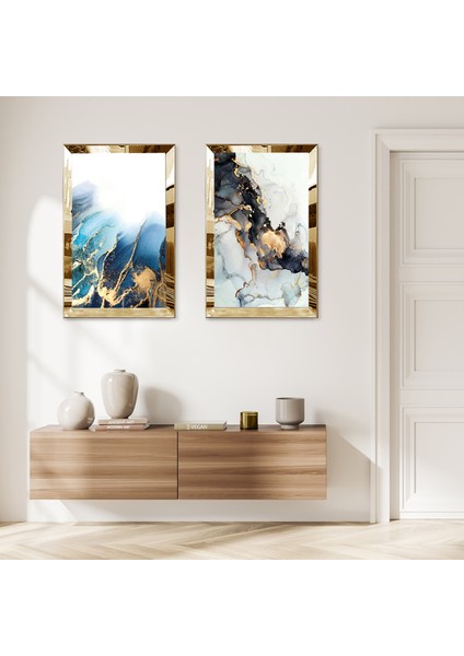 Gold Aynalı Pleksi Çerçeveli Mavi Deniz Dalgaları Modern Ikili Mdf Tablo Seti