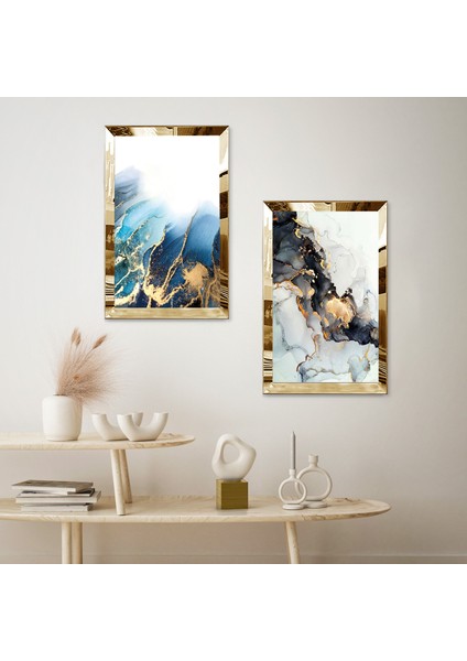 Gold Aynalı Pleksi Çerçeveli Mavi Deniz Dalgaları Modern Ikili Mdf Tablo Seti fiyatları