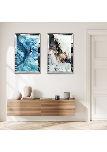 Gümüş Aynalı Pleksi Çerçeveli Mavi Deniz Dalgaları Ikili Mdf Tablo Seti
