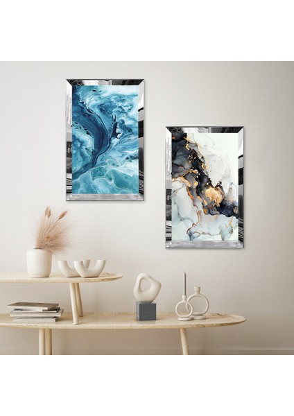 Gümüş Aynalı Pleksi Çerçeveli Mavi Deniz Dalgaları Ikili Mdf Tablo Seti fiyatları