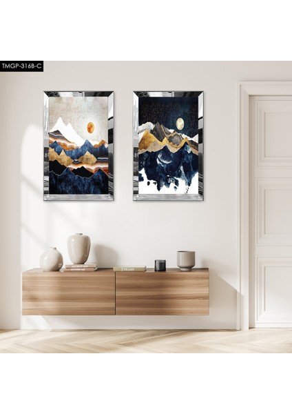 Gümüş Aynalı Pleksi Çerçeveli Gece Dağ Manzaralı Ikili Mdf Tablo Seti
