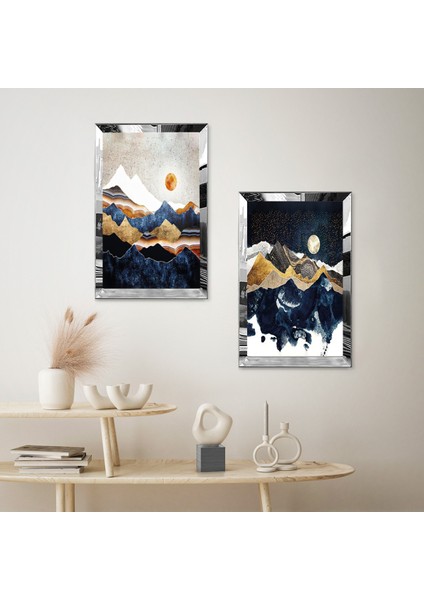 Gümüş Aynalı Pleksi Çerçeveli Gece Dağ Manzaralı Ikili Mdf Tablo Seti fiyatları