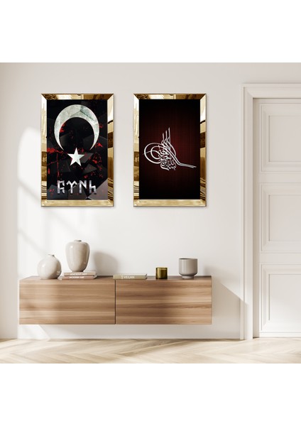 Gold Aynalı Pleksi Çerçeveli Ay Yıldı ve Osmanlı Tuğrası Ikili Mdf Tablo Seti