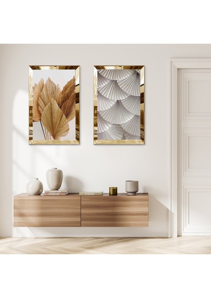 Gold Aynalı Pleksi Çerçeveli Beyaz Arka Planlı Krem Tonlarında Modern Ikili Mdf Tablo Seti