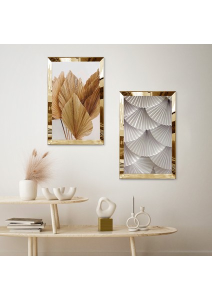 Gold Aynalı Pleksi Çerçeveli Beyaz Arka Planlı Krem Tonlarında Modern Ikili Mdf Tablo Seti fiyatları
