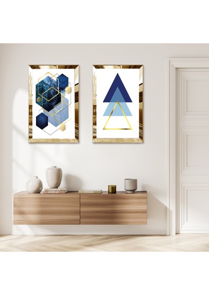 Gold Aynalı Pleksi Çerçeveli Beyaz Arka Planlı Lacivert Şekiller Ikili Mdf Tablo Seti