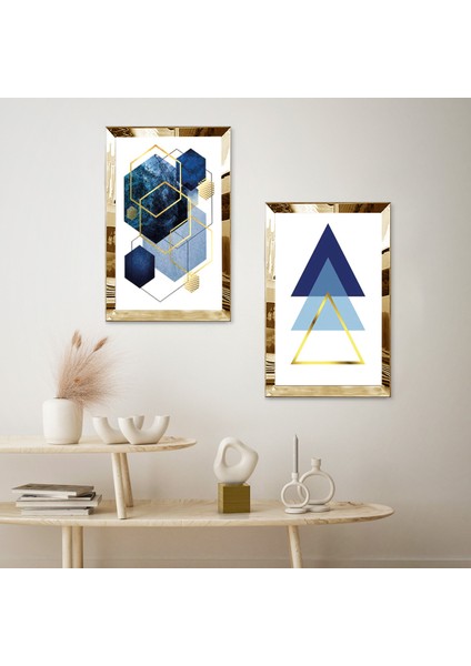 Gold Aynalı Pleksi Çerçeveli Beyaz Arka Planlı Lacivert Şekiller Ikili Mdf Tablo Seti fiyatları