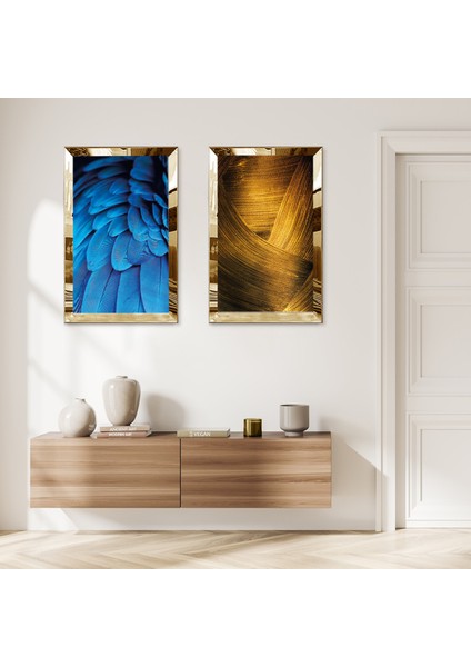 Gold Aynalı Pleksi Çerçeveli Mavi Tüyler ve Altın Soyut Desenli Ikili Mdf Tablo Seti