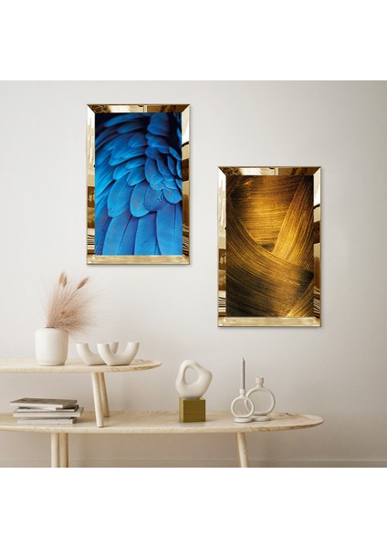 Gold Aynalı Pleksi Çerçeveli Mavi Tüyler ve Altın Soyut Desenli Ikili Mdf Tablo Seti fiyatları