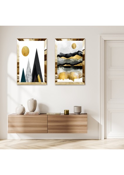 Gold Aynalı Pleksi Çerçeveli Altın Siyah Kolaj Çizim Dağlar ve Ağaç Dalı Ikili Mdf Tablo Seti