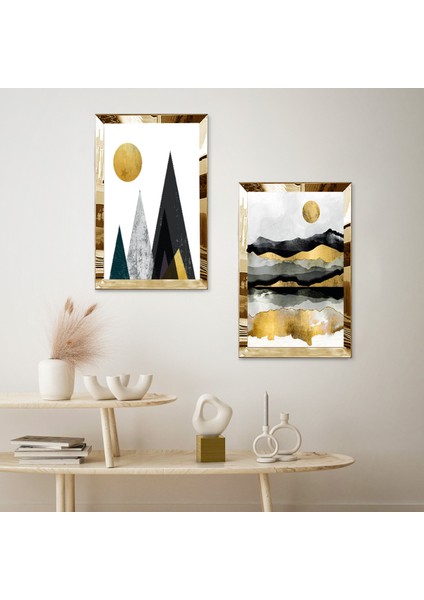 Gold Aynalı Pleksi Çerçeveli Altın Siyah Kolaj Çizim Dağlar ve Ağaç Dalı Ikili Mdf Tablo Seti fiyatları